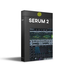Puede incluir: Una caja negra con el texto "SERUM 2" en blanco. La caja presenta un círculo verde y una visualización detallada de una interfaz de software con varios controles y un teclado en la parte inferior. La interfaz del software tiene un esquema de color oscuro.