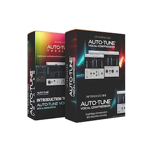 Könnte beinhalten: Zwei Softwareboxen mit dem Text "INTRODUCING AUTO-TUNE VOCAL COMPRESSOR" und "INTRODUCTION TO AUTO-TUNE VOCAL". Die Boxen sind schwarz mit farbenfrohen Akzenten und zeigen Bilder der Softwareoberfläche.