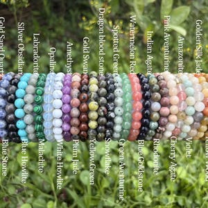 Puede incluir: Una colección de veinticuatro pulseras de cuentas dispuestas en fila sobre un expositor cilíndrico gris claro. Cada pulsera presenta cuentas de piedras preciosas distintas, incluyendo Gold Sand Quartz, Blue Stone, Silver Obsidian, Blue Howlite, Labradorite, Malachite, Opaline, White Howlite, Amethyst, Plum Jade, Gold Swan, Yellow Green, Dragon blood stone, Snowflake, Spotted Green, Green Aventurine, Watermelon Red, Blue Goldstone, Indian Agate, Rhodonite, Pink Aventurine, Cherry Agate, Amazonite, Violet, Golden Silk Jade, Yellow Wood y Tea Crystal.