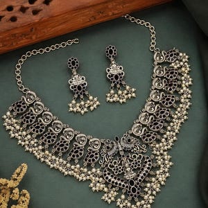 Oxidized Silver Temple Necklace Set, Peacock Floral Motifs, Pearl Drops, Indian Bridal Jewelry