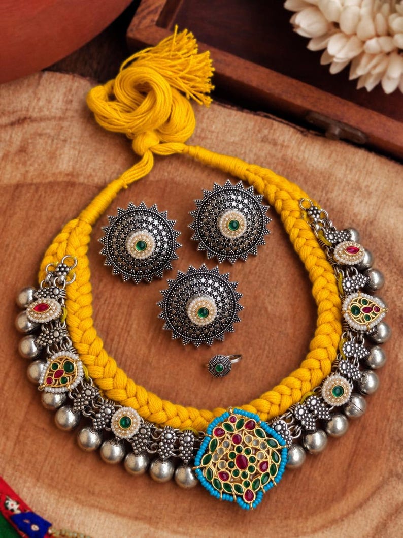 Thread Earring Yellow Oxidized Indian Thread Necklace Set, Kundan Style, Boho Wedding Jewelry ...