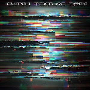 May include: Abstract digital artwork with a glitch effect, showing horizontal lines and colour distortions. The words "GLITCH TEXTURE PACK" are at the top. The image has a dark background with bright streaks of red, green, blue, and yellow.