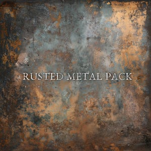 Peut inclure: Image carrée d'une texture métallique rouillée, avec des nuances de brun, de cuivre et de bleu-vert. Le texte "RUSTED METAL PACK" est affiché en blanc au centre de l'image.