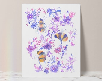 bees & florals illustration art print | nature lover artwork cottagecore beekeeping gifts