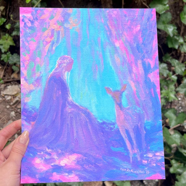 Impression d'art fantastique : « la dame et le faon » à partir d'une peinture acrylique originale - inspirée de romans fantastiques et de contes de fées