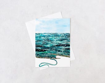 sparkling knitted seascape notecard | blank interior, knitting gifts, crafter, handmade, artist