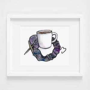 knitting & tea love 3 watercolor illustration art print gifts for knitters, coffee, autumn, winter, craft, decoration, gifts for crafters image 1