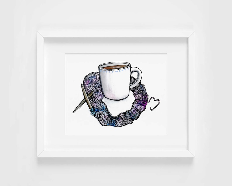 knitting & tea love 3 watercolor illustration art print gifts for knitters, coffee, autumn, winter, craft, decoration, gifts for crafters image 1