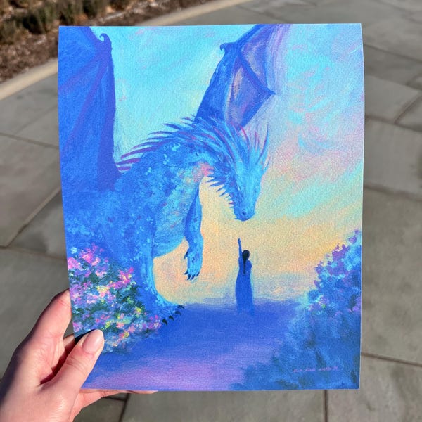 Le choix du dragon - illustration d'illustration de cavalier de dragon fantastique à partir d'une peinture acrylique originale