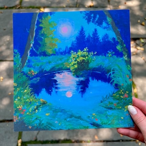 moonlit dip -  art print from original acrylic painting - fantasy landscape romantic illustration