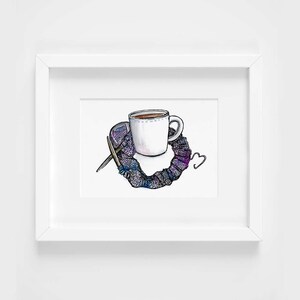 knitting & tea love 3 watercolor illustration art print gifts for knitters, coffee, autumn, winter, craft, decoration, gifts for crafters image 2