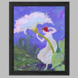 Puede incluir: Pintura enmarcada que representa una figura con cabello rojo y un vestido blanco, extendi&eacute;ndose hacia una gran flor blanca. El fondo es una mezcla de tonos azules y verdes, con el tallo y las hojas de la flor.