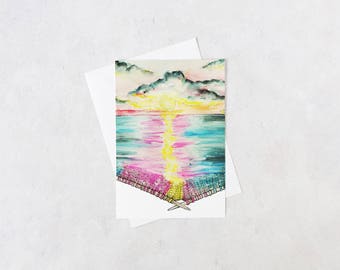 sunset knitted seascape notecard | blank interior, knitting gifts, crafter, handmade, artist