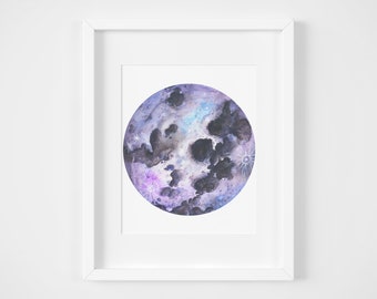amethyst moon watercolor illustration art print | moon child, witch, decoration, boho art, crystal inspired, healing
