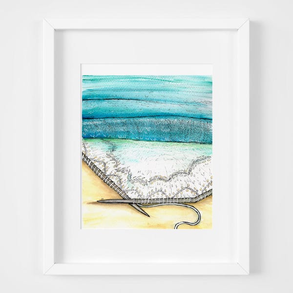 knitted seascape watercolor illustration art print | gifts for knitters, mermaid, craft, yarn, magic, ocean, decoration