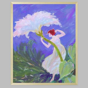 Puede incluir: Pintura al &oacute;leo original en un marco dorado que representa a una mujer con un vestido blanco y cabello rojo, alcanzando una gran flor blanca. El fondo es una mezcla de azules y verdes, creando una escena art&iacute;stica vibrante.