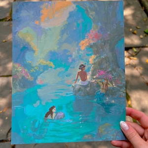 Drie in de lagune-meerminkunstprint van origineel gouacheschilderij