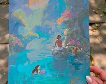 Tres en la laguna de las sirenas: lámina artística a partir de una pintura original al gouache.