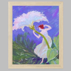 Puede incluir: Pintura original enmarcada que representa una figura con cabello rojo y un vestido blanco, extendiendo la mano hacia una gran flor blanca. El fondo es una mezcla de tonos azules y p&uacute;rpuras, con follaje verde en primer plano.
