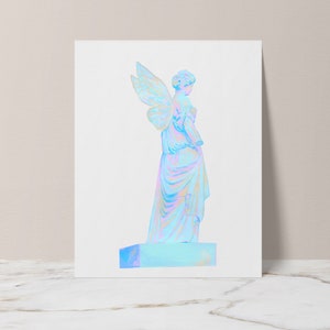 May include: A blue and white statue of a winged figure with a flowing robe. The statue is on a pedestal and has a holographic finish.
