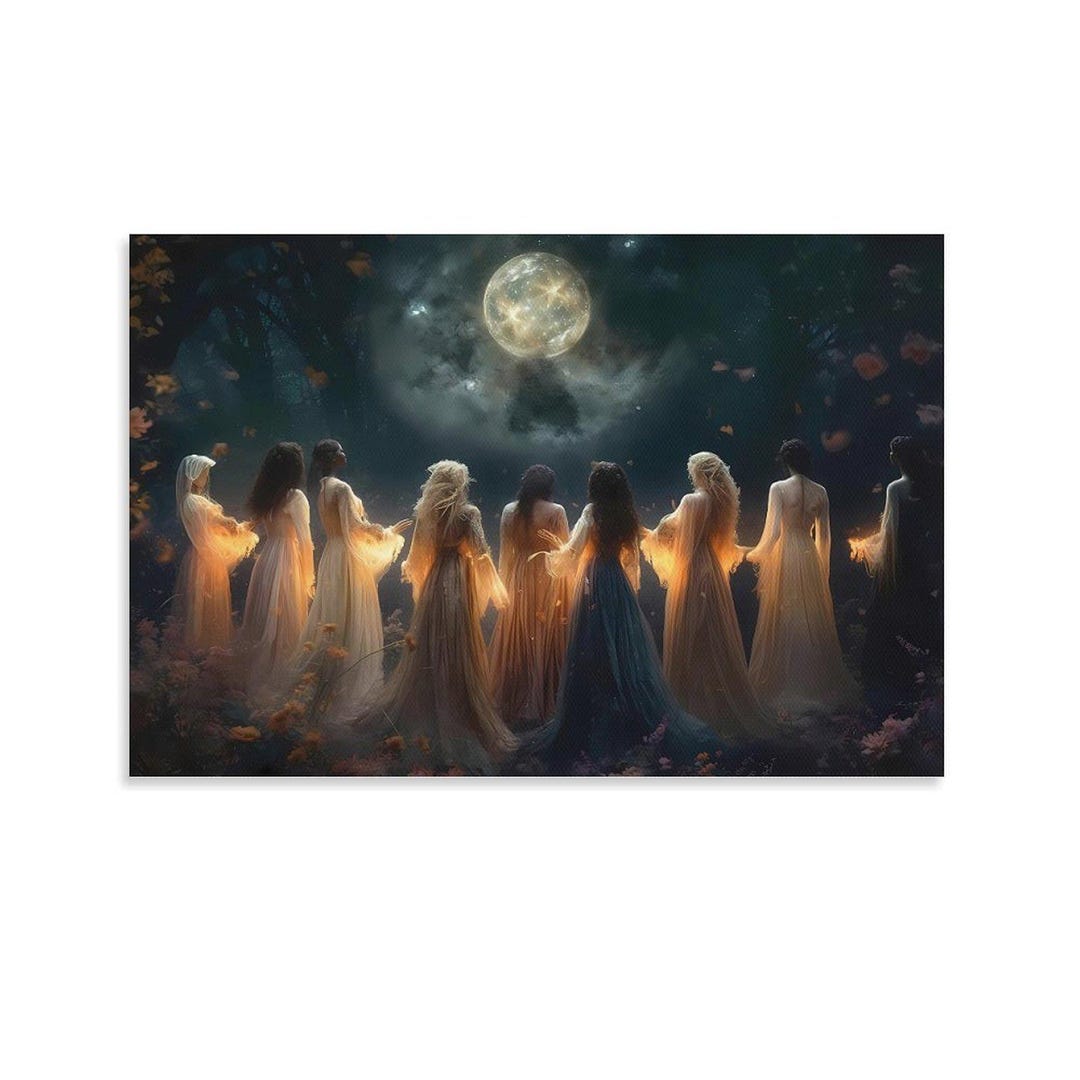 Nine Witches Gather Under the Moonlight. Vintage Poster Canvas Home ...