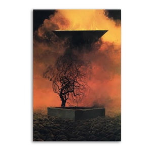 Árbol marchito, pira flotante, arte fantástico, surrealista y misterioso, póster decorativo para el hogar sobre lienzo.