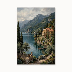 Peinture à l'huile sur le lac de Côme | Art vintage de la villa italienne | Impression lac de montagne | Décoration d'intérieur élégante (téléchargement numérique)