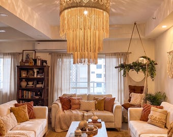 Extra Large Macrame Chandelier, Boho Cotton Pendant Light, Handmade Ceiling Lamp Fixture