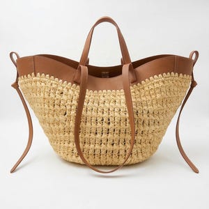 Raffia Tote Bag, Sculptural Crochet, Leather Handles, Boho Summer Beach Bag