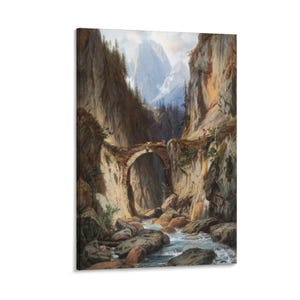 Peut inclure: Une peinture de paysage représente un pont en pierre enjambant une rivière dans une gorge de montagne. L'œuvre présente une représentation détaillée de l'environnement naturel, avec des falaises rocheuses, de l'eau qui coule et des sommets montagneux lointains.