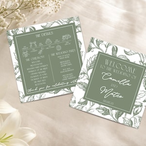 May include: Two square wedding program cards featuring a sage green center panel with white text and a white border decorated with a detailed botanical leaf illustration. The text includes wedding details, ceremony order, and the names Camilla and Mateo.