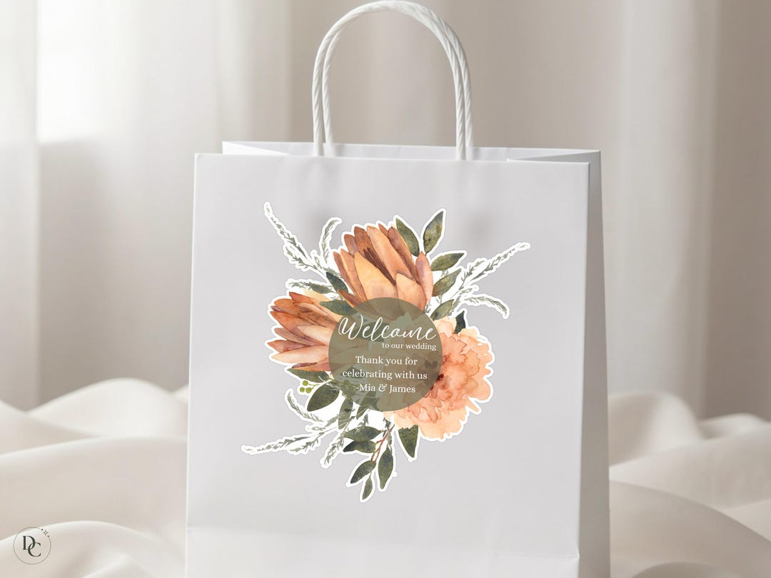 Custom Wedding Welcome Stickers | Peach Floral Welcome Bag Stickers ...