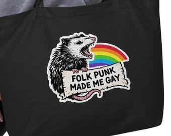 Folk Punk Made Me Gay Tote Bag: Queer Pride Organic Canvas Reusable Bag