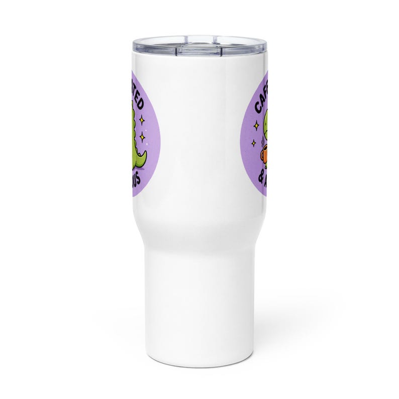 Caffeinated & Anxious Travel Mug with Handle | Cute Dinosaur Tumbler | Stanley Style Cup | Funny Mental Health Gift | Anxiety Coffee Mug