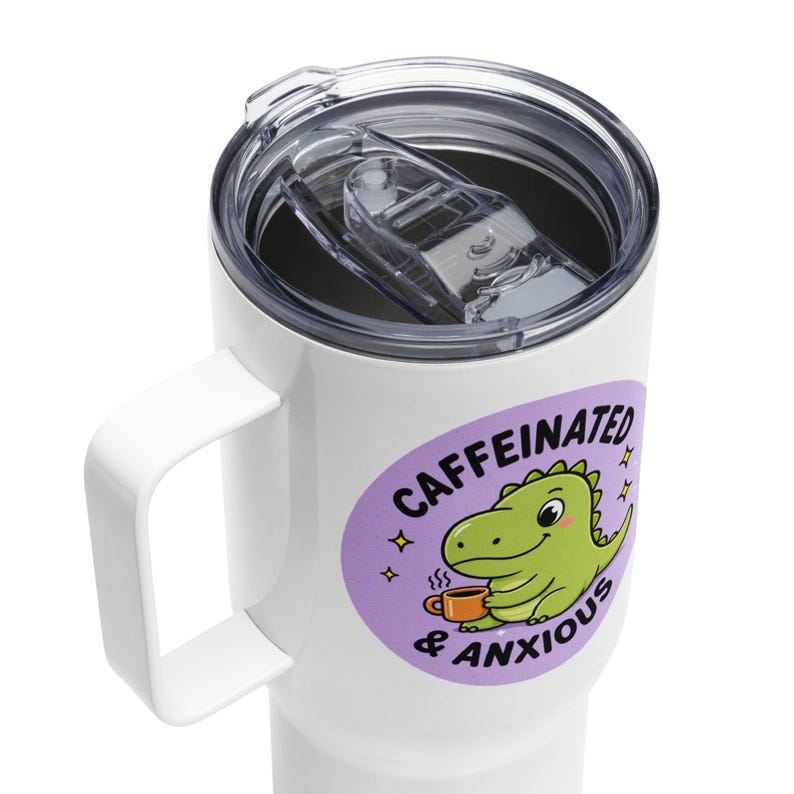 Caffeinated & Anxious Travel Mug with Handle | Cute Dinosaur Tumbler | Stanley Style Cup | Funny Mental Health Gift | Anxiety Coffee Mug