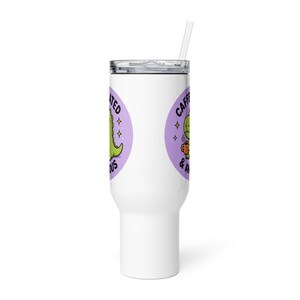 Caffeinated & Anxious Travel Mug with Handle | Cute Dinosaur Tumbler | Stanley Style Cup | Funny Mental Health Gift | Anxiety Coffee Mug