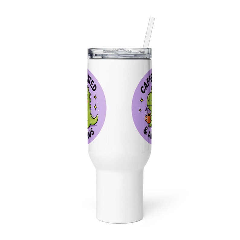 Caffeinated & Anxious Travel Mug with Handle | Cute Dinosaur Tumbler | Stanley Style Cup | Funny Mental Health Gift | Anxiety Coffee Mug