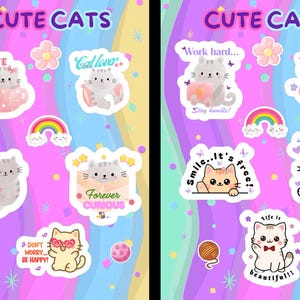Puede incluir: Una hoja de pegatinas coloridas con ilustraciones de gatos de dibujos animados y texto. Las pegatinas presentan gatos en varias poses, arcoíris, flores y frases como "Cute Cats", "Forever Curious" y "Smile... It's free!"