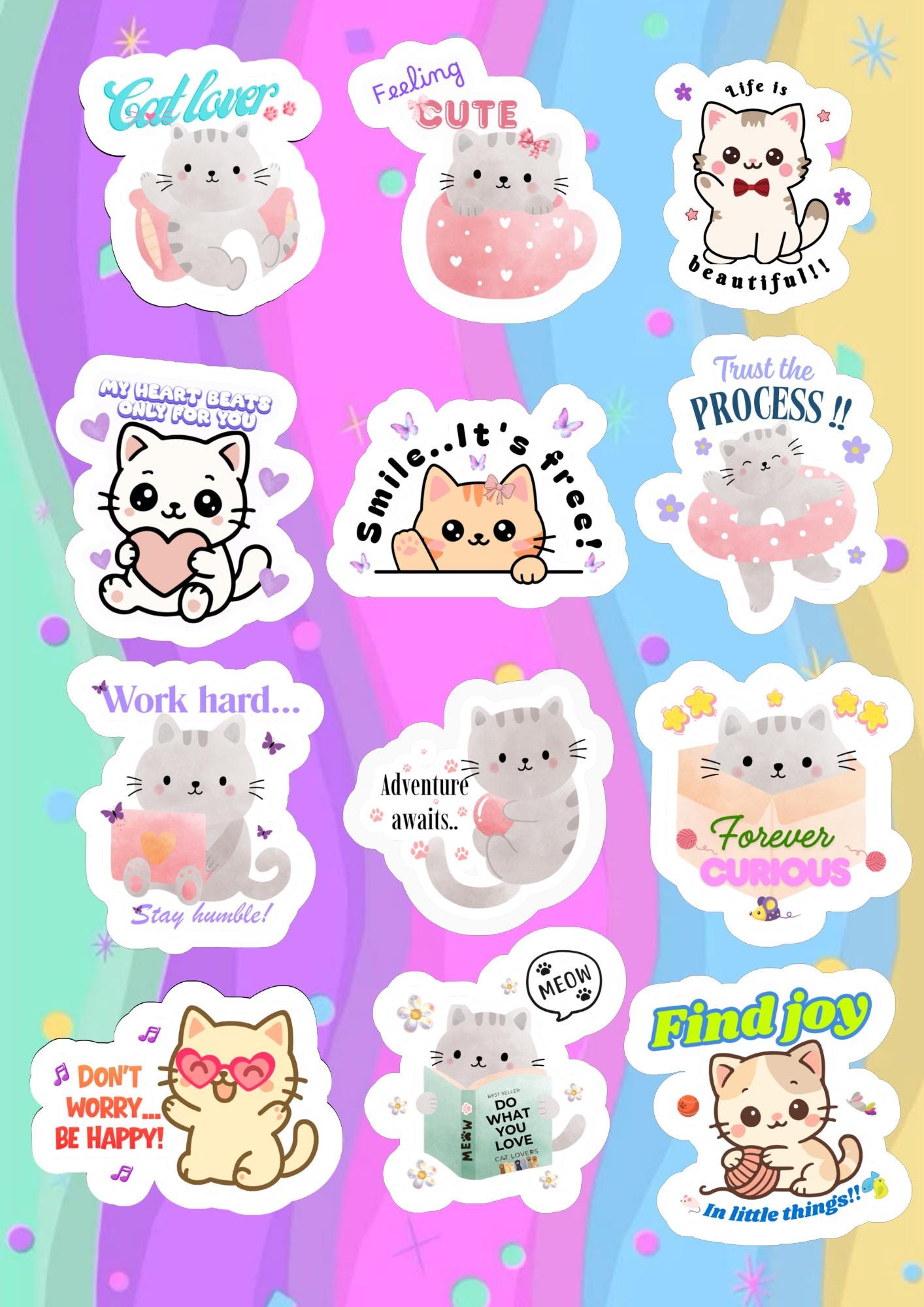 Cute Cat Stickers Kawaii | Printable Sticker Sheet | Digital Download ...