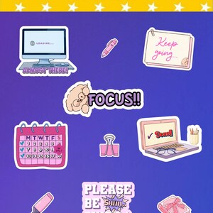 Puede incluir: Una colección de pegatinas coloridas con temática de estudio y trabajo. Las pegatinas incluyen una computadora con "Almost There!", un calendario, una computadora portátil con "Done!", un cerebro con "FOCUS!!" y el texto "PLEASE BE QUIET!"