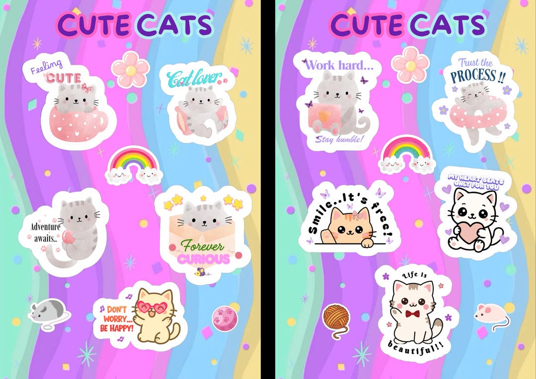 Cute Cat Stickers Kawaii | Printable Sticker Sheet | Digital Download ...
