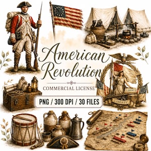 May include: A digital collection of American Revolution themed illustrations featuring a soldier in a red coat, a historical flag, military tents, a wooden chest, a drum, ceramic jugs, a map, and a statue with the text American Revolution.