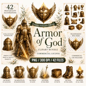 Puede incluir: Un paquete de imágenes digitales titulado Armor of God que incluye 42 ilustraciones en acuarela de armaduras de caballero medieval, incluyendo casco, peto, escudo, espada, cinturón y botas en tonos dorados, con texto sobre 300 DPI y archivos PNG.