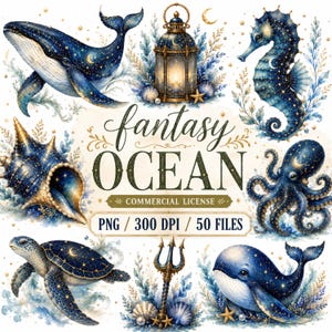 Pode incluir: Uma coleção digital de ilustrações oceânicas de fantasia com baleia, cavalo-marinho, polvo, tartaruga marinha, concha, lanterna e tridente. Cada elemento é decorado com estrelas e luas douradas. Texto: fantasy OCEAN COMMERCIAL LICENSE PNG / 300 DPI / 50 FILES.