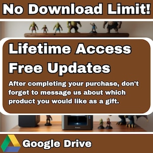 May include: A brown graphic with the text "No Download Limit!" at the top. The graphic also includes the words "Lifetime Access" and "Free Updates". The bottom of the graphic has the Google Drive logo.