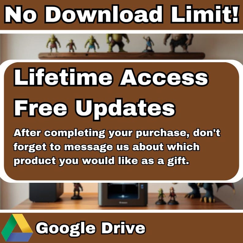 May include: A brown graphic with the text "No Download Limit!" at the top. The graphic also includes the words "Lifetime Access" and "Free Updates". The bottom of the graphic has the Google Drive logo.
