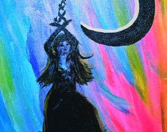 Pintura acrílica original de la Diosa de la Luna – Arte mural de la Divina Feminidad Celestial
