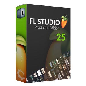 Op de afbeelding: Softwarebox voor FL Studio Producer Edition. De doos is voornamelijk zwart met de tekst "FL STUDIO Producer Edition" in het wit. Een gestileerde oranje en groene fruitafbeelding staat rechtsboven, met het nummer "25" in groen eronder. De linkerkant is groen.