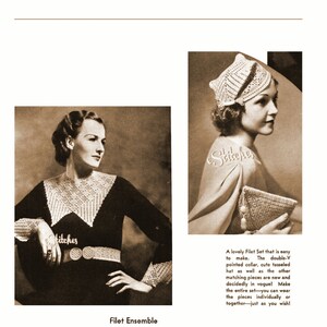 May include: A crochet filet ensemble pattern featuring a hat, collar, cuffs, purse, and belt. The pattern is made with white yarn and uses a size 8 crochet hook. The pattern includes instructions for making each piece individually or together.