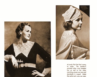 May include: A crochet filet ensemble pattern featuring a hat, collar, cuffs, purse, and belt. The pattern is made with white yarn and uses a size 8 crochet hook. The pattern includes instructions for making each piece individually or together.